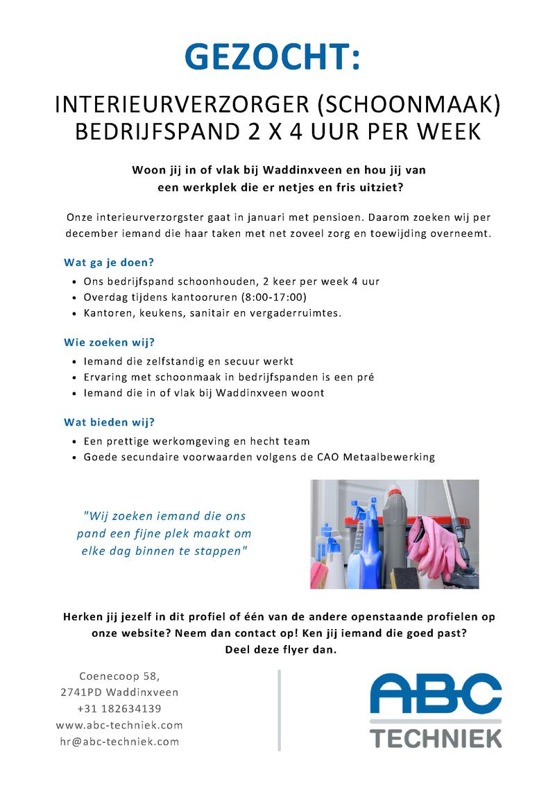 Interieurverzorger (Schoonmaak) 2x4 uur